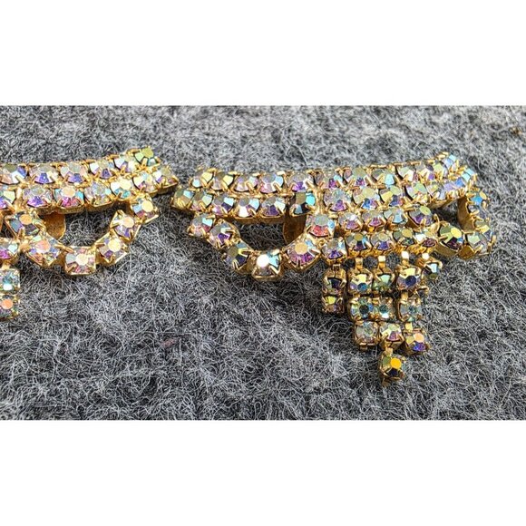 Vtg Gold Tone Rhinestone Double Brooch Set Aurora Borealis Design Jewelry - Picture 3 of 5